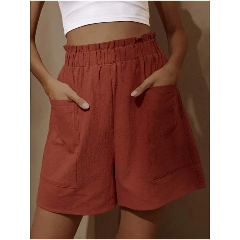Women's Cotton Linen Bubble High Waist Shorts Plus Size Wide Leg Casual Shorts