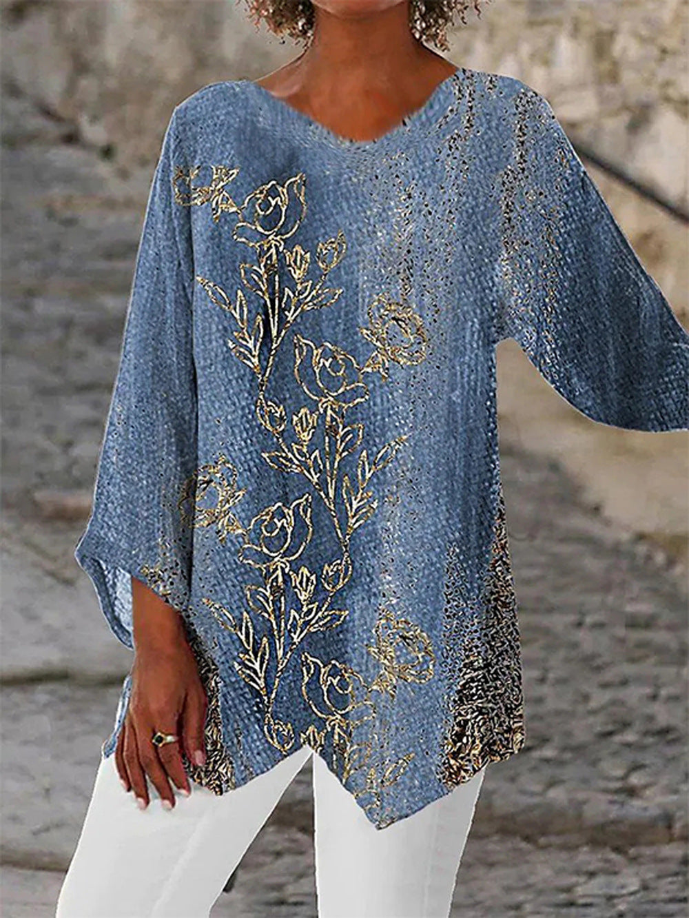 Style Plus Size Women's Summer Casual Loose Irregular Print Long Sleeve V-Neck Top
