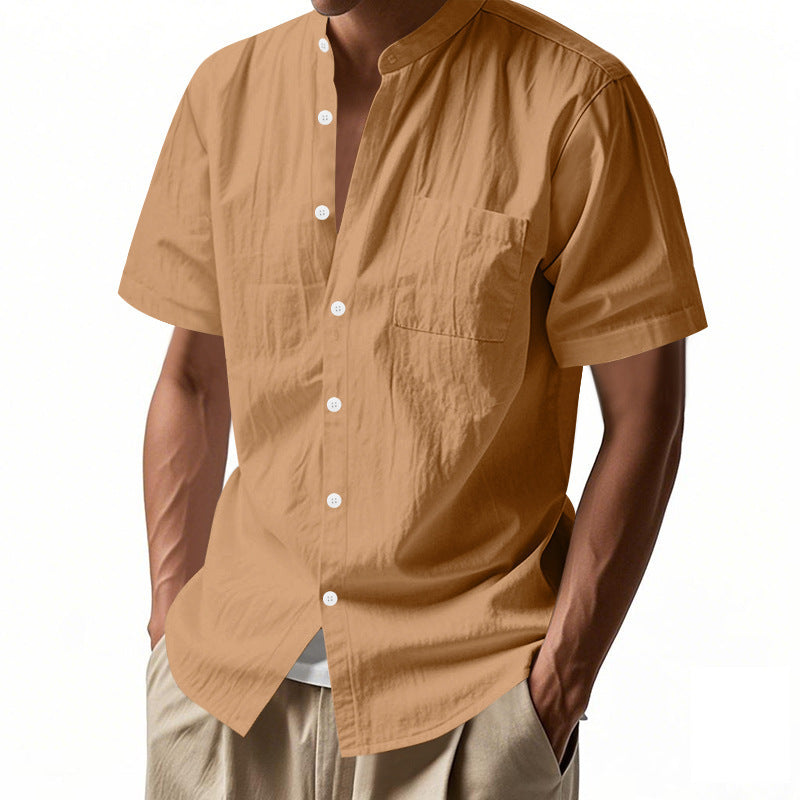 Casual Linen Open-Front Solid Color Stand-Up Collar Short Sleeve Shirt for Men Summer Loose