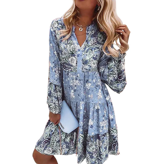 Nature-inspired Women's Plus Size Dress, V-Neck Printed Flared Sleeve Dress