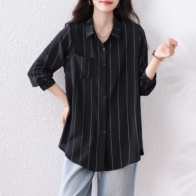 Plus Size New Striped Mid-Length Loose Version Long Sleeve Slimming Fashion Top for Women