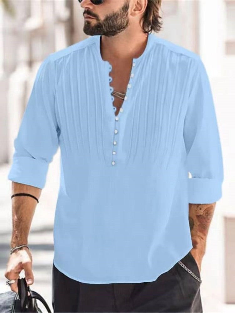 Cotton and linen pleated casual slim fit long sleeved shirt