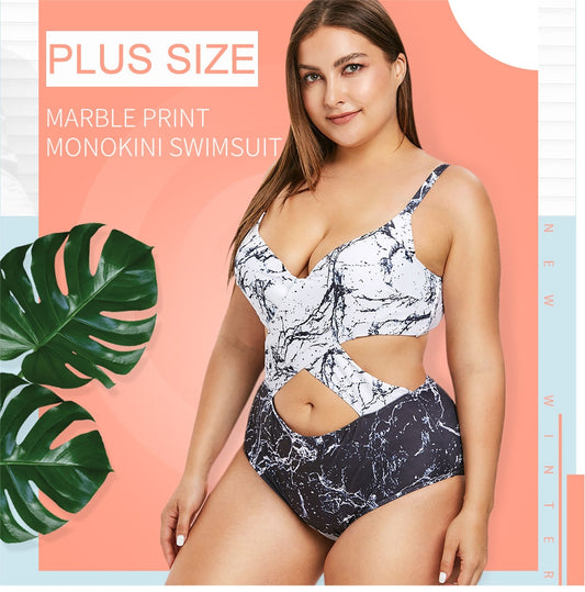 Plus Size Marble Print Monokini Sexy One Piece Swimsuit Women Padded Hollow Out Beach Swimwear Summer Bathing Suit