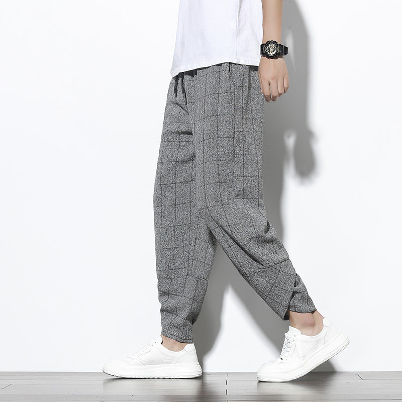 Plaid Cotton Linen Nine-Quarter Pants Men Loose Large Size Trendy Casual Cuffed Trousers