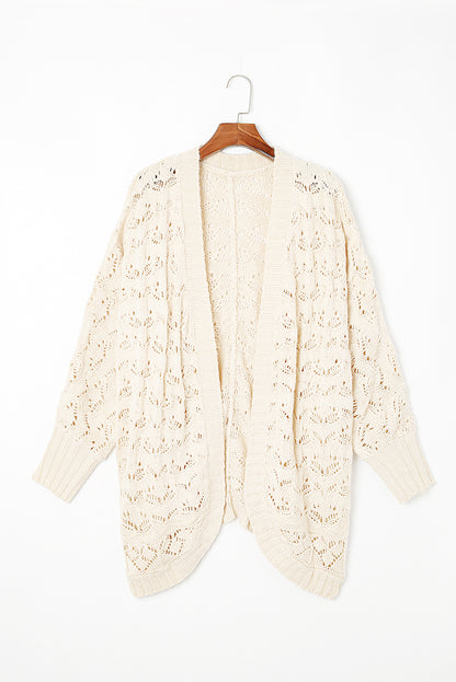 Beige Plus Size Textured Knit Open Ribbed Trim Cardigan