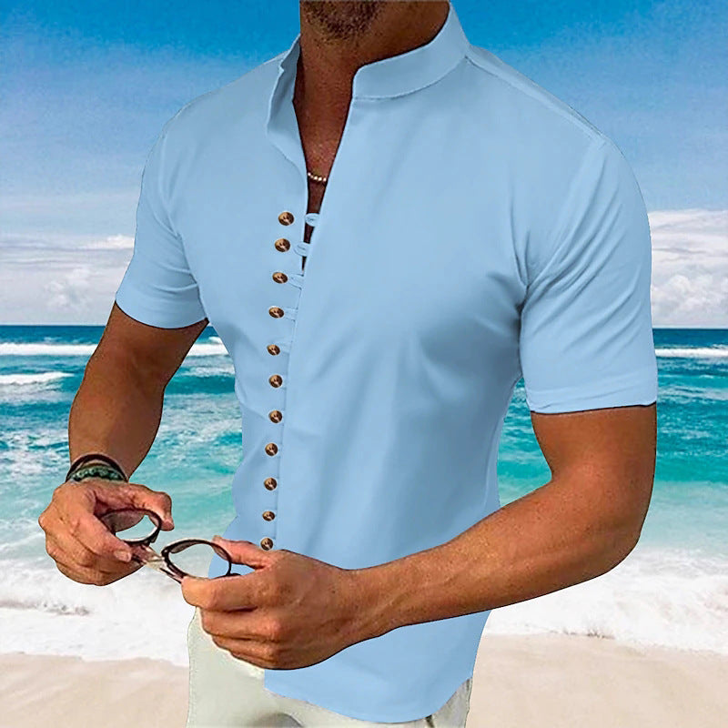 Retro Cotton Linen Casual Loose Short Sleeve Henley Shirt for Men