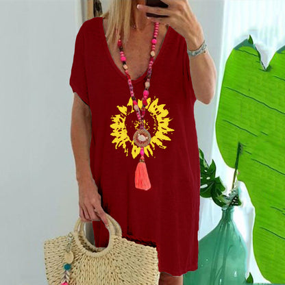 Summer Plus Size Women's Sunflower Casual Loose Print Short Sleeve T-Shirt Top