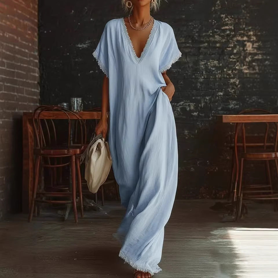 Elegant Casual Loose Linen Cotton Long Dress with Lace Trim
