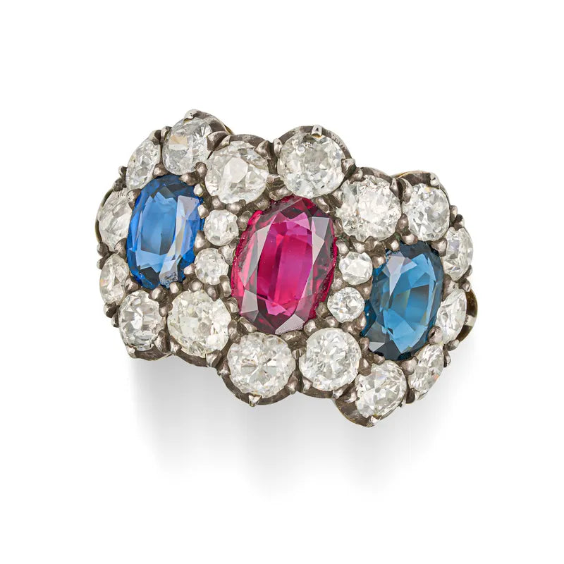 Antique Sapphire, ruby and diamond cluster ring