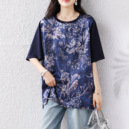 Plus Size Women's Elegant Printed Spliced T-Shirt Loose Short Sleeve Top