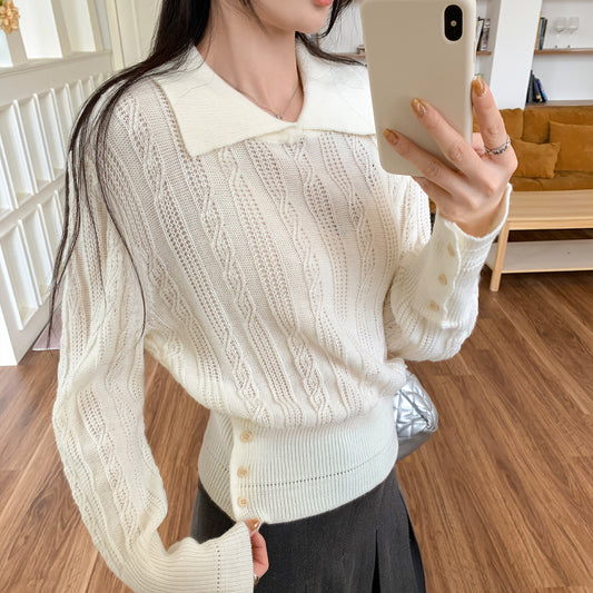 Classic Collar Knit Polo Shirt for Women, Retro White Inner Layer Sweater, Fitted Short Top