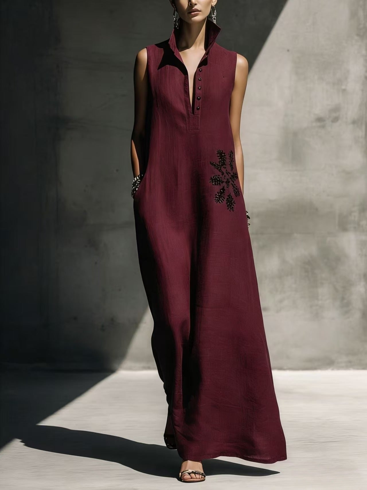 Hot stamping pocket stand collar cotton linen dress