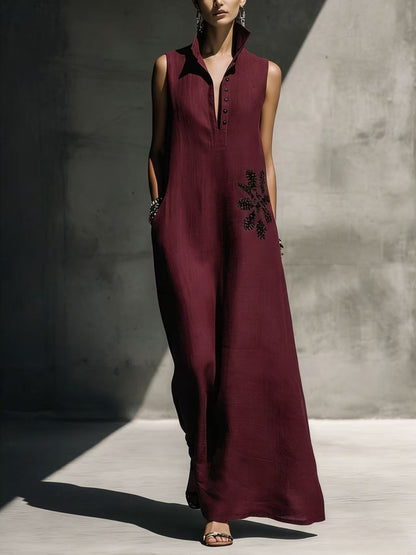 Hot stamping pocket stand collar cotton linen dress
