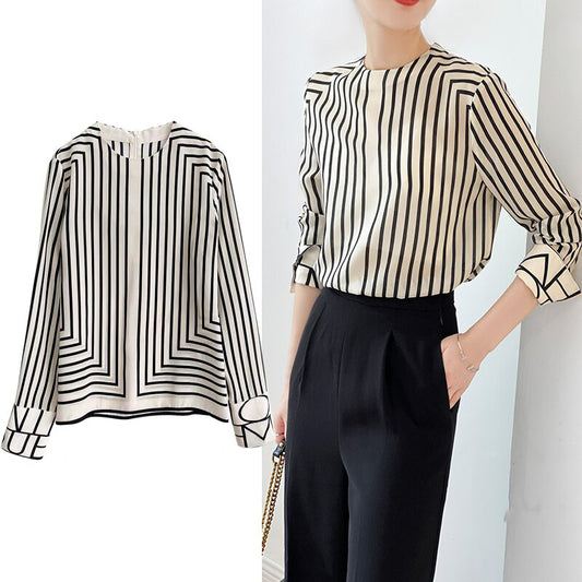 Women Elegant Striped O-Neck Full Sleeve Letter Designer Work Clothing Blouse Zipper Loose Size Ol Vintage Fashion Tops