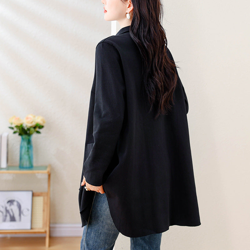 Women's Autumn Mid-Length Shirt Loose Plus Size Belly-Covering Top Black Jacket
