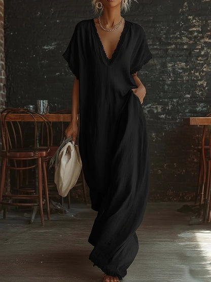 Elegant Casual Loose Linen Cotton Long Dress with Lace Trim