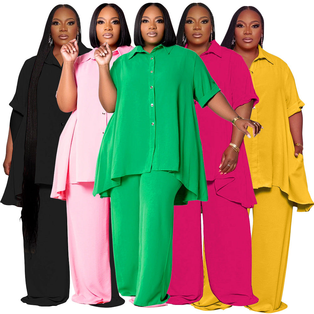 European and American fashion temperament plus size short sleeved top wide leg pants set for women