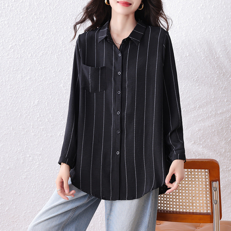 Plus Size New Striped Mid-Length Loose  Version Long Sleeve Slimming Fashion Top for Women