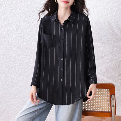 Plus Size New Striped Mid-Length Loose  Version Long Sleeve Slimming Fashion Top for Women
