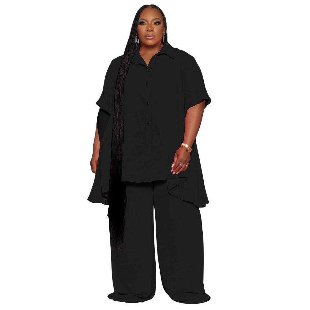 European and American fashion temperament plus size short sleeved top wide leg pants set for women