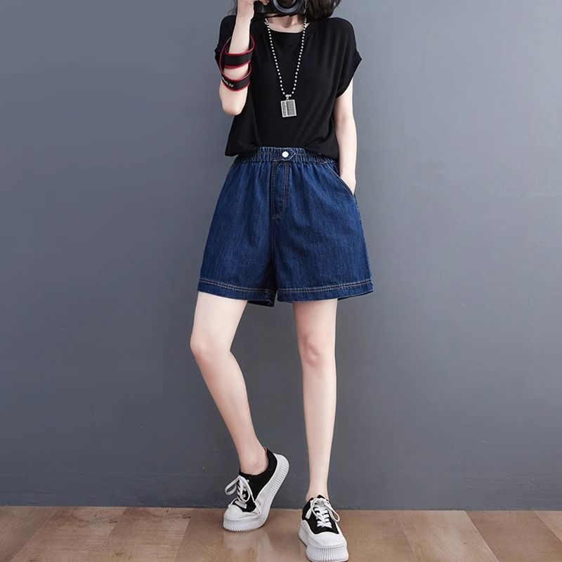 Plus Size Denim Wide-Leg Shorts Women High-Waist Thin Versatile Casual Pants Loose Straight Trousers