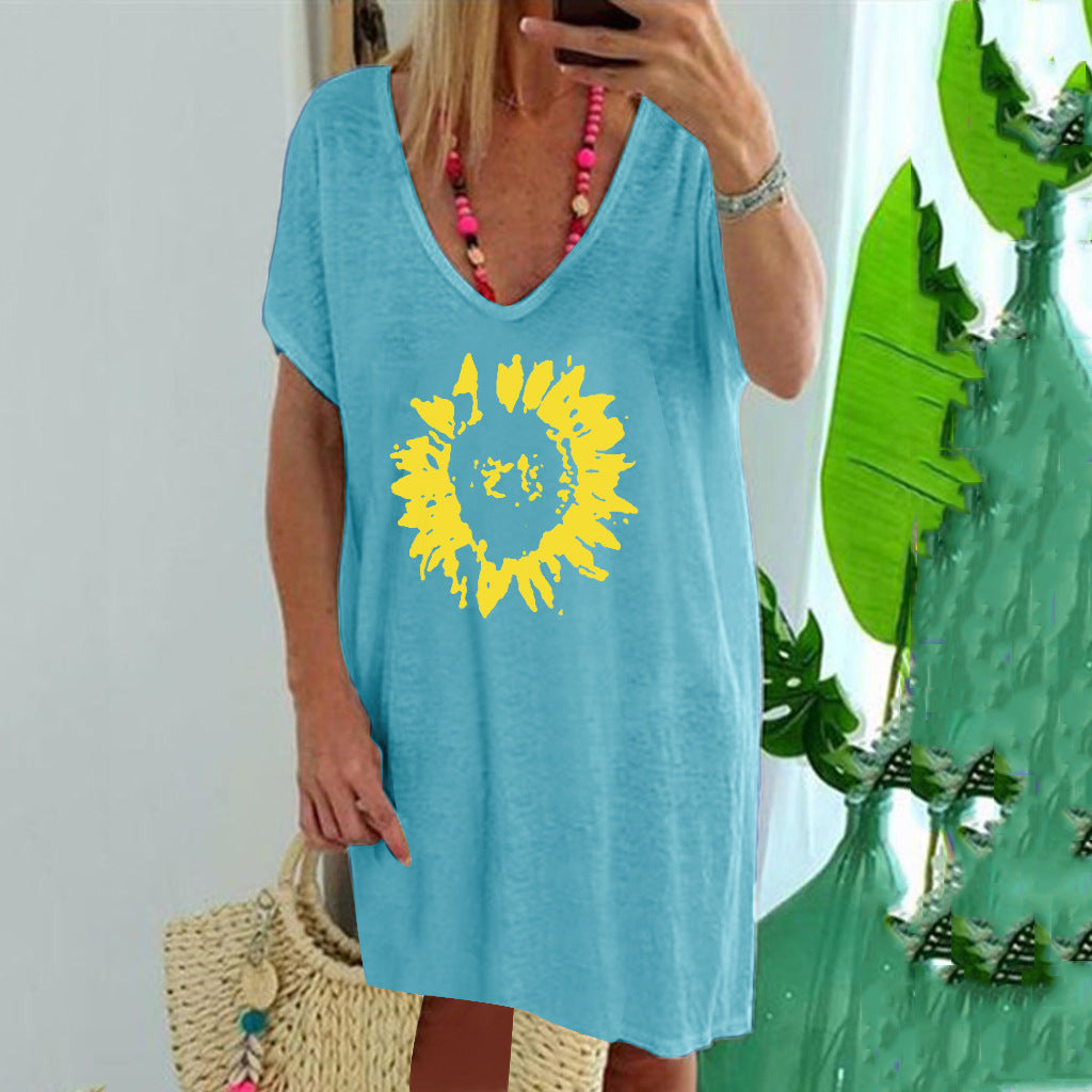 Summer Plus Size Women's Sunflower Casual Loose Print Short Sleeve T-Shirt Top