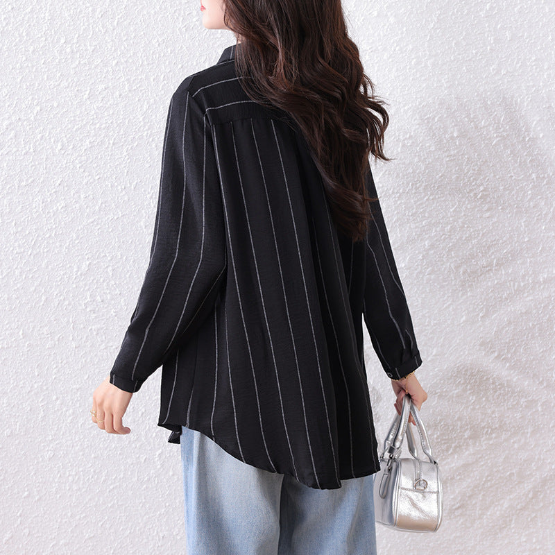 Plus Size New Striped Mid-Length Loose  Version Long Sleeve Slimming Fashion Top for Women