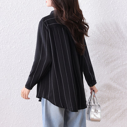 Plus Size New Striped Mid-Length Loose  Version Long Sleeve Slimming Fashion Top for Women
