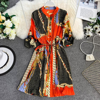 Geometric Picture Print Totem Shirt Lapel Waist Tie Pleated Loose Plus Size Lazy Dress
