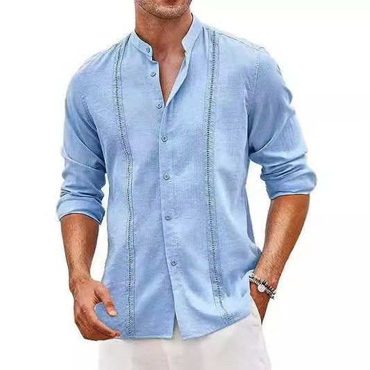 Cuban style casual button summer cotton linen shirt stand collar