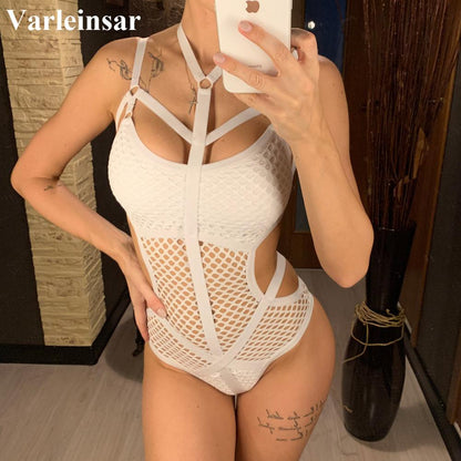 Sheer Knit Fish Net Mesh Large Plus Size Swimwear Women One Piece Swimsuit Female Bather Bathing Suit Swim Beach V536B