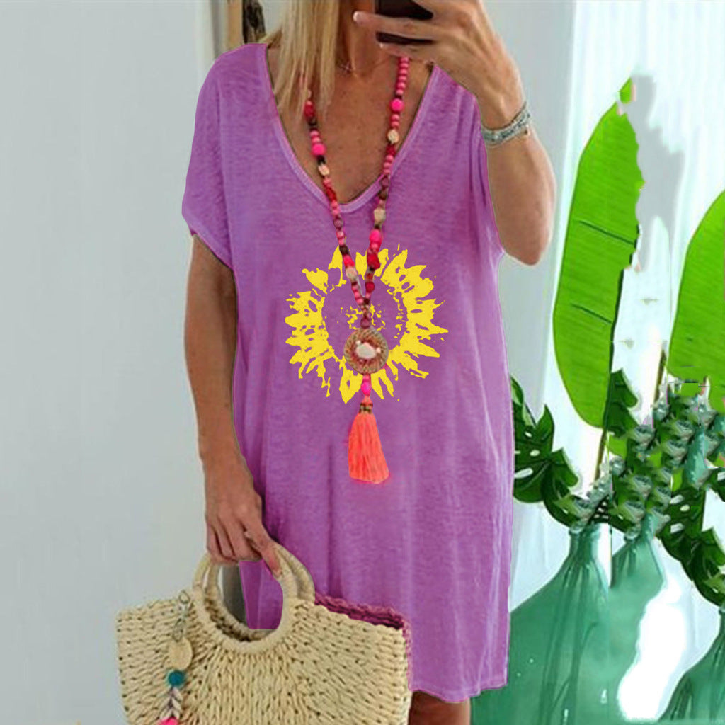 Summer Plus Size Women's Sunflower Casual Loose Print Short Sleeve T-Shirt Top