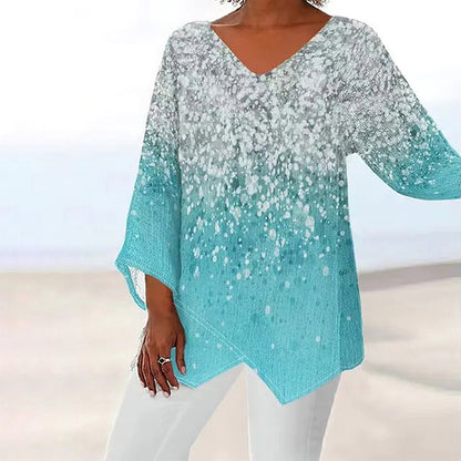Style Plus Size Women's Summer Casual Loose Irregular Print Long Sleeve V-Neck Top