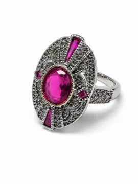 Vintage Art Deco Style Pink Crystal Statement Ring – Silver Tone