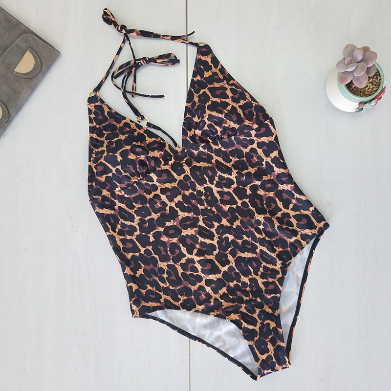Leopard Swimsuit One Piece Women Plus size Swimwear Halter Vintage Push up Swimsuits femme une piece Red Blue Bathing suits