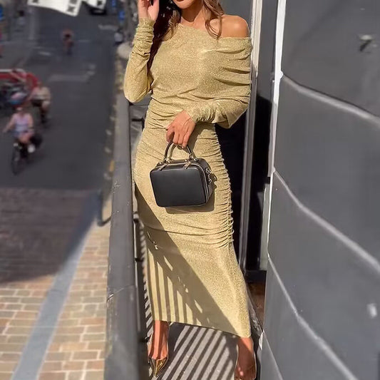 One-shoulder Split Dress with Off-Shoulder Design for Evening Wear and Party Occasions