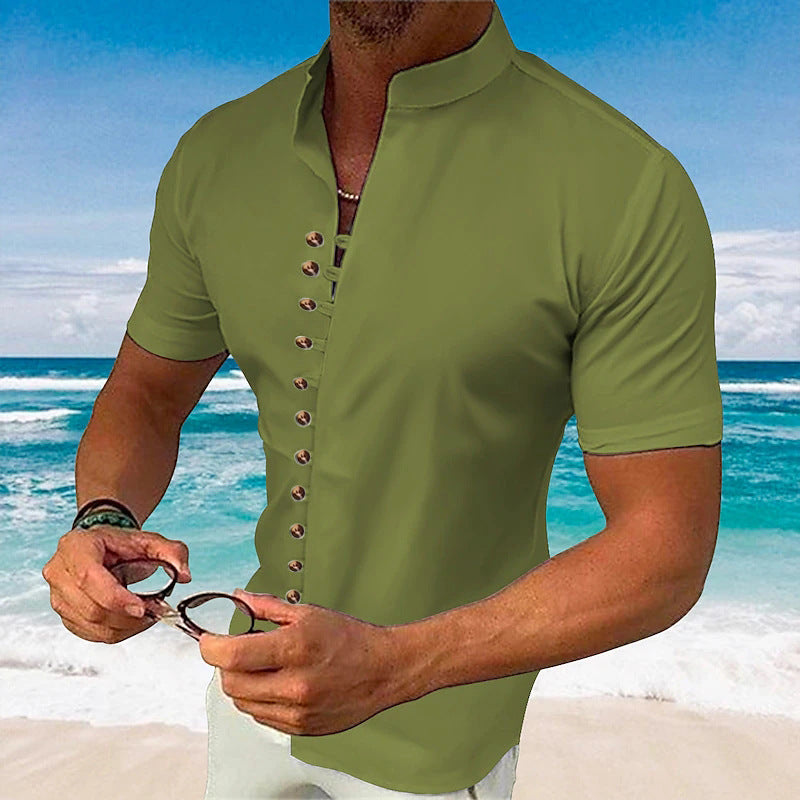 Retro Cotton Linen Casual Loose Short Sleeve Henley Shirt for Men