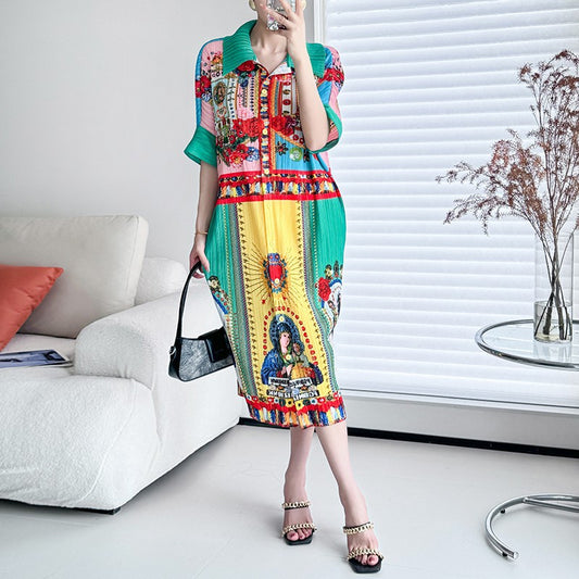 New pleated brand printed dress, loose plus size, stylish and casual plus size women's clothing