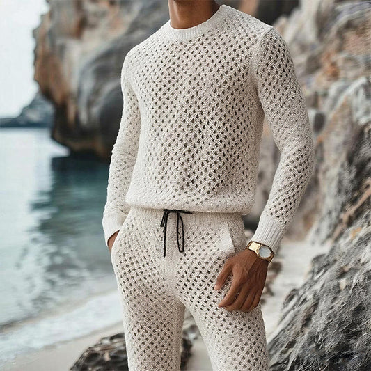 Casual Fitted Crew Neck Long Sleeve Long Pants Men's Knitwear Set  Menswear