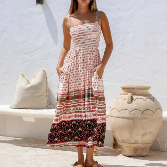 Fashionable Summer Sleeveless Printed Midi Dress with Adjustable Straps, Pocket Detail, and Patterned Design