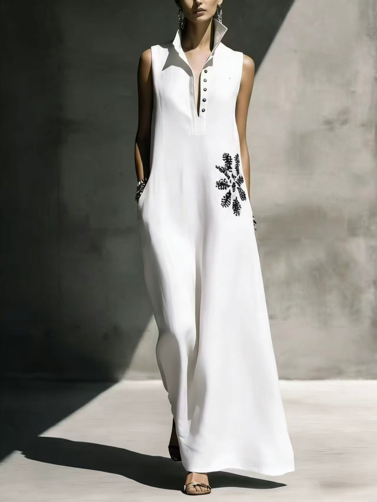 Hot stamping pocket stand collar cotton linen dress