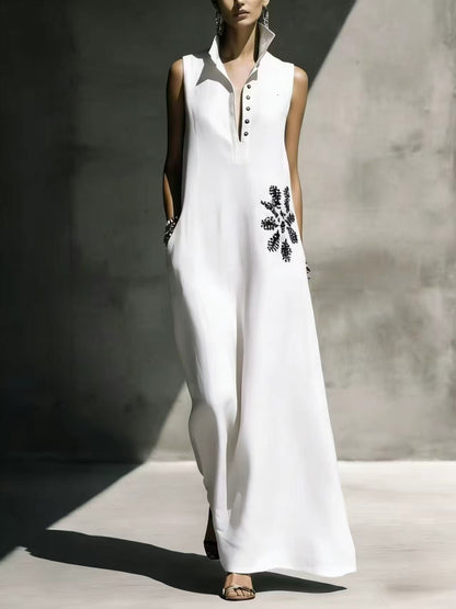 Hot stamping pocket stand collar cotton linen dress