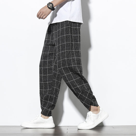 Plaid Cotton Linen Nine-Quarter Pants Men Loose Large Size Trendy Casual Cuffed Trousers