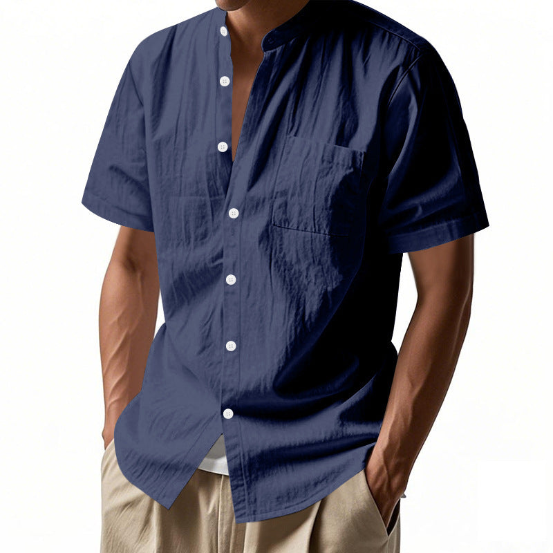 Casual Linen Open-Front Solid Color Stand-Up Collar Short Sleeve Shirt for Men Summer Loose