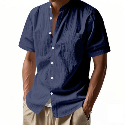 Casual Linen Open-Front Solid Color Stand-Up Collar Short Sleeve Shirt for Men Summer Loose