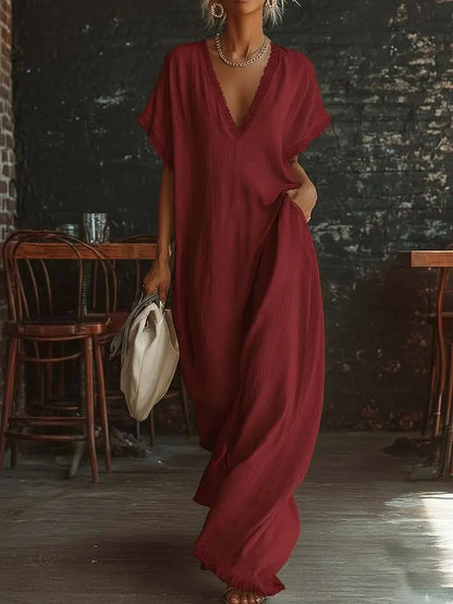 Elegant Casual Loose Linen Cotton Long Dress with Lace Trim