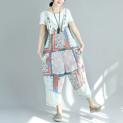 Printed old washed large crotch pants nine points women plus size stitching denim overalls