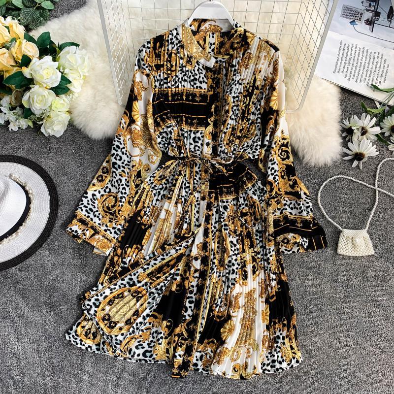 Geometric Picture Print Totem Shirt Lapel Waist Tie Pleated Loose Plus Size Lazy Dress