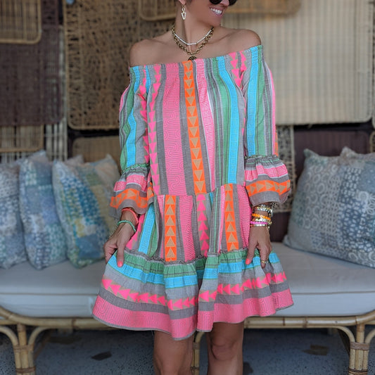 Patchwork Flared Sleeve A-line Dress for Women
