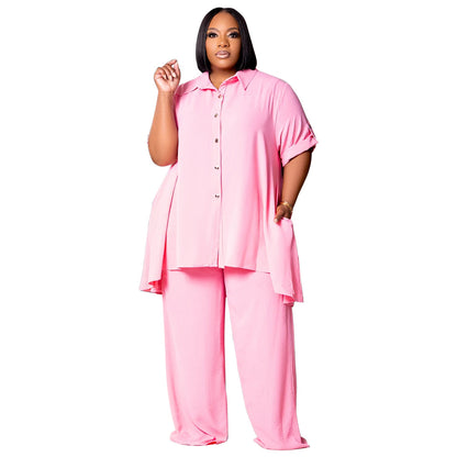 European and American fashion temperament plus size short sleeved top wide leg pants set for women